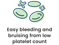 Platelets icon with text stating easy bleeding and bruising from low platelet count